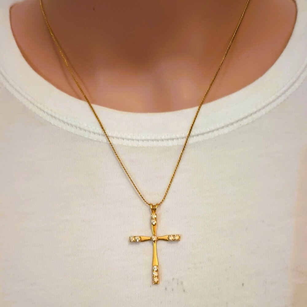 Gold Tone Cross Pendant Necklace 18" with Pronged CZ Stones Women's Jewelry